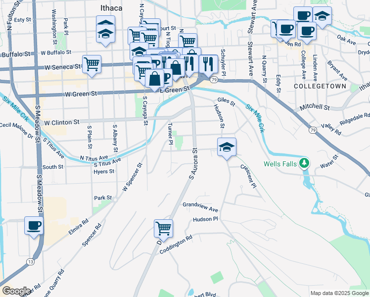 map of restaurants, bars, coffee shops, grocery stores, and more near 320 Hillview Place in Ithaca