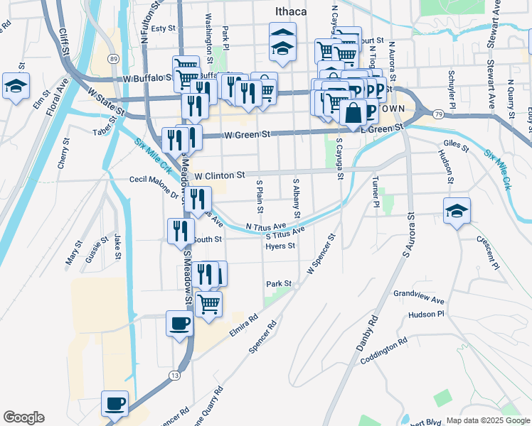 map of restaurants, bars, coffee shops, grocery stores, and more near 513 South Plain Street in Ithaca