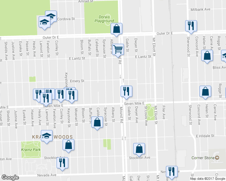 map of restaurants, bars, coffee shops, grocery stores, and more near 19194 Albany St in Detroit