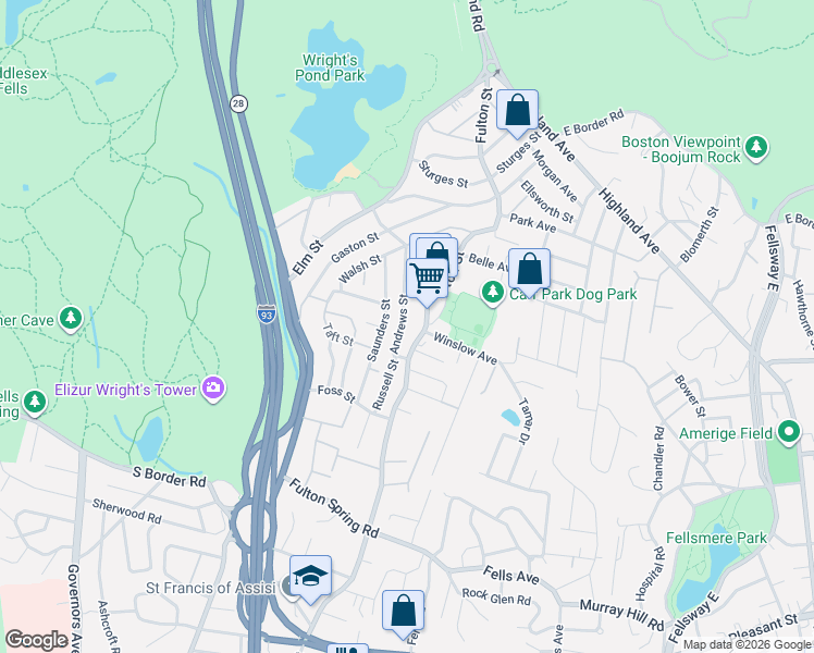 map of restaurants, bars, coffee shops, grocery stores, and more near 39 Andrews Street in Medford