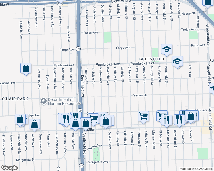 map of restaurants, bars, coffee shops, grocery stores, and more near 19481 Oakfield Avenue in Detroit