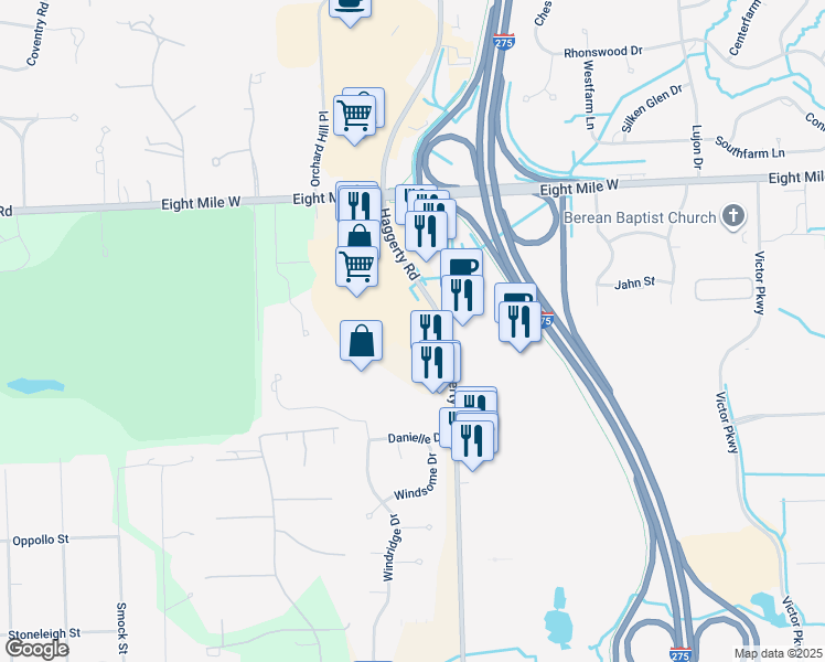 map of restaurants, bars, coffee shops, grocery stores, and more near 20205 Haggerty Road in Northville