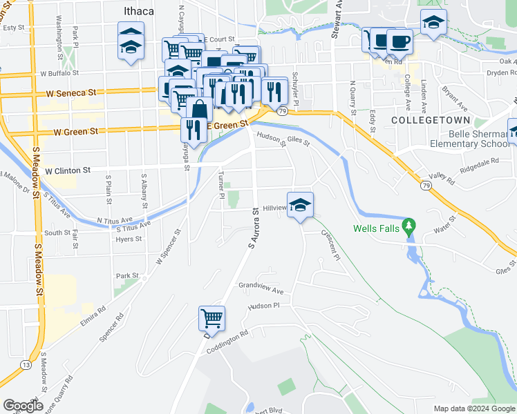 map of restaurants, bars, coffee shops, grocery stores, and more near 406a Hillview Place in Ithaca
