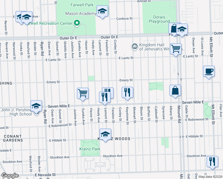 map of restaurants, bars, coffee shops, grocery stores, and more near 19208 Fenelon Street in Detroit