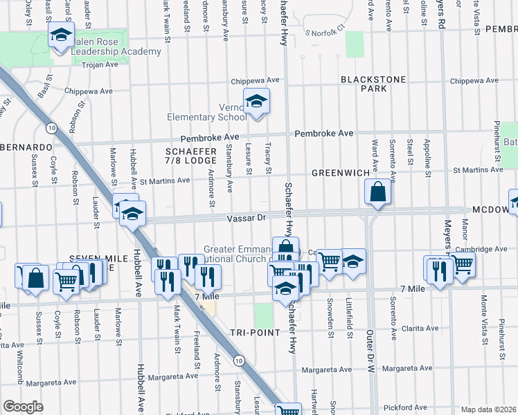 map of restaurants, bars, coffee shops, grocery stores, and more near 13740 Vassar Drive in Detroit