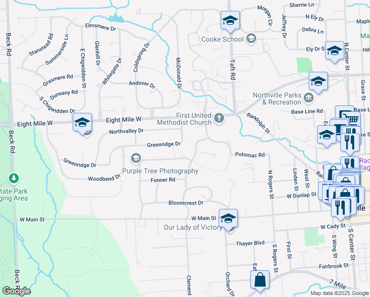 map of restaurants, bars, coffee shops, grocery stores, and more near 45875 Greenridge Drive in Northville