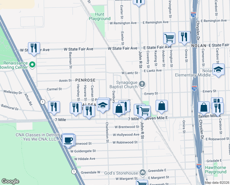 map of restaurants, bars, coffee shops, grocery stores, and more near 19348 Danbury Street in Highland Park