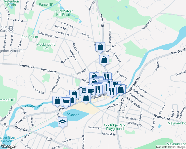 map of restaurants, bars, coffee shops, grocery stores, and more near 11 Brooks Street in Maynard