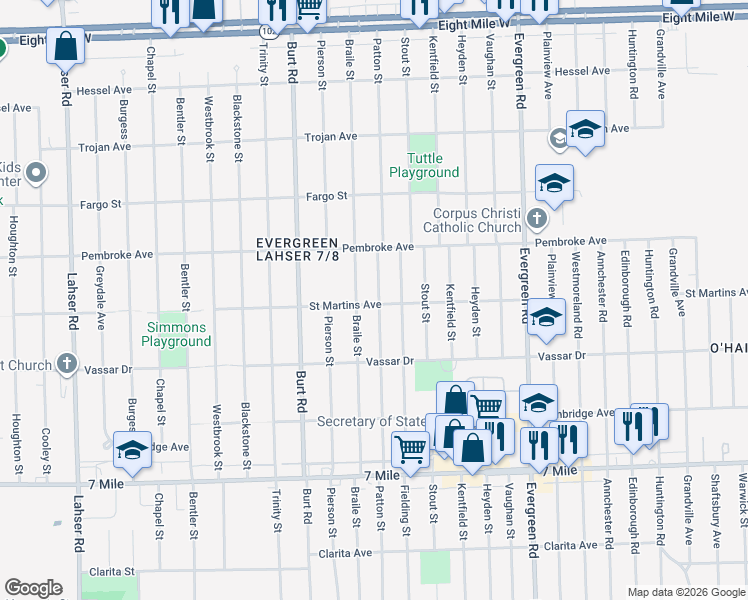 map of restaurants, bars, coffee shops, grocery stores, and more near 19701 Patton Street in Detroit