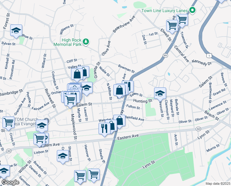 map of restaurants, bars, coffee shops, grocery stores, and more near 36 Home St in Malden