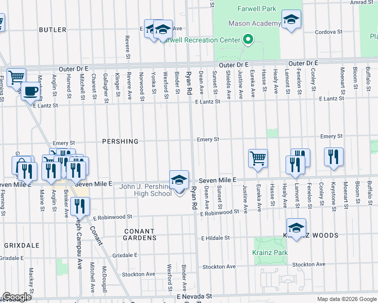 map of restaurants, bars, coffee shops, grocery stores, and more near 19234 Binder Street in Detroit
