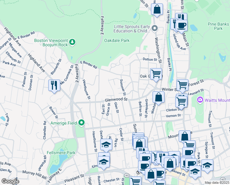 map of restaurants, bars, coffee shops, grocery stores, and more near 97 Glen Street in Malden