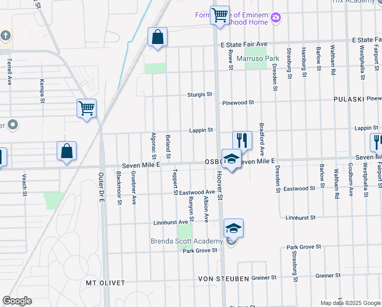 map of restaurants, bars, coffee shops, grocery stores, and more near 19137 Runyon Street in Detroit