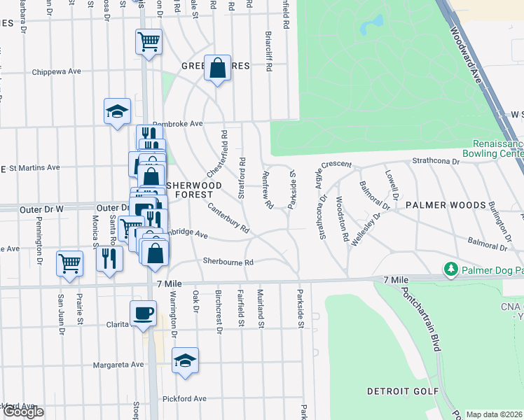 map of restaurants, bars, coffee shops, grocery stores, and more near 19385 Renfrew Road in Detroit