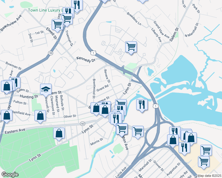 map of restaurants, bars, coffee shops, grocery stores, and more near 67 Revere Street in Malden