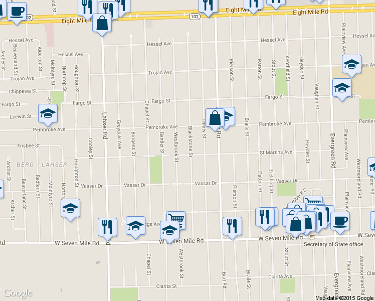 map of restaurants, bars, coffee shops, grocery stores, and more near 19711 Blackstone St in Detroit