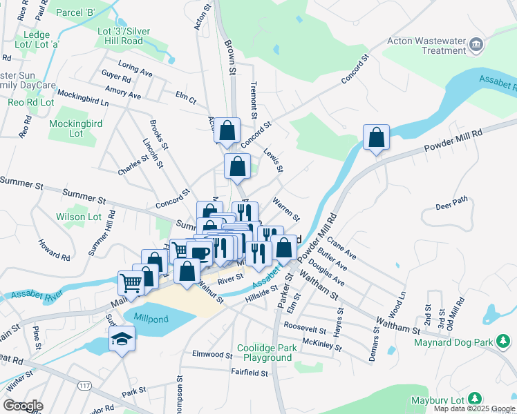 map of restaurants, bars, coffee shops, grocery stores, and more near 23-23A Glendale Street in Maynard
