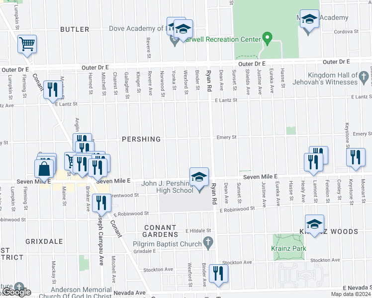 map of restaurants, bars, coffee shops, grocery stores, and more near 19231 Wexford Street in Detroit