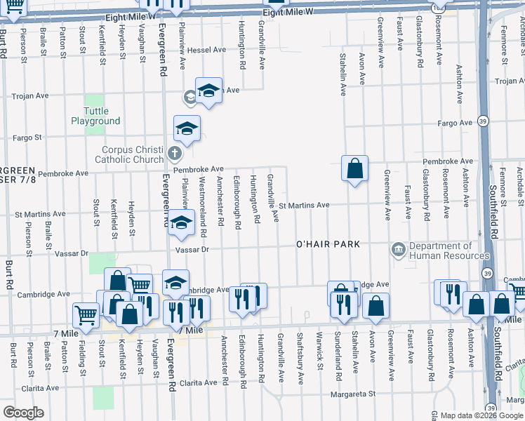 map of restaurants, bars, coffee shops, grocery stores, and more near 19514 Huntington Road in Detroit
