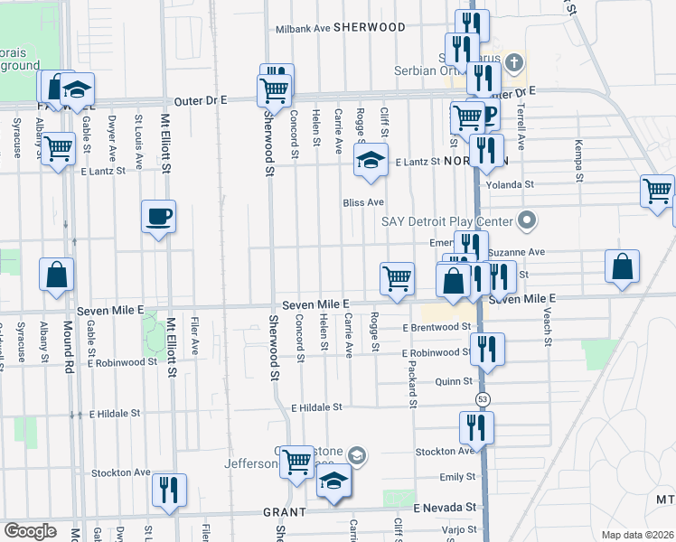 map of restaurants, bars, coffee shops, grocery stores, and more near 19177 Carrie Street in Detroit