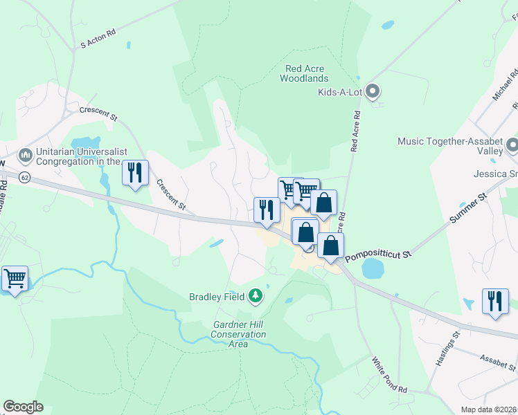 map of restaurants, bars, coffee shops, grocery stores, and more near 181 Great Road in Stow