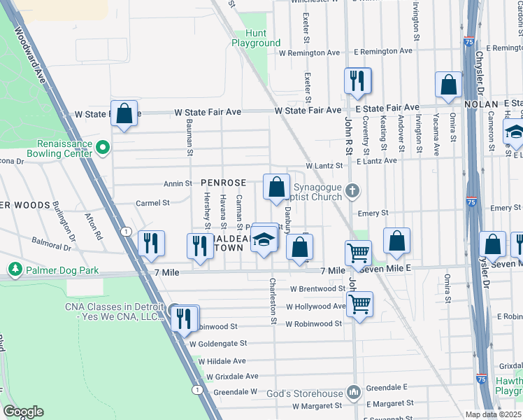 map of restaurants, bars, coffee shops, grocery stores, and more near 19351 Charleston Street in Highland Park