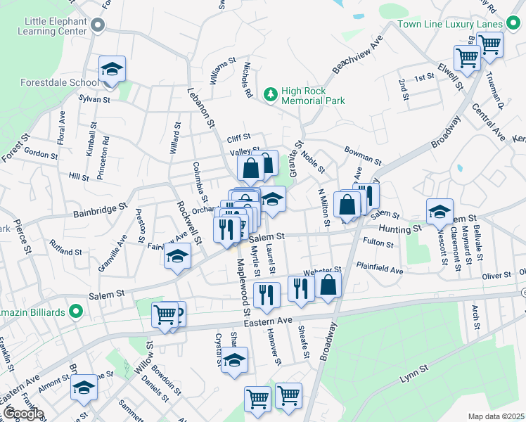 map of restaurants, bars, coffee shops, grocery stores, and more near 3 Laurel Street in Malden