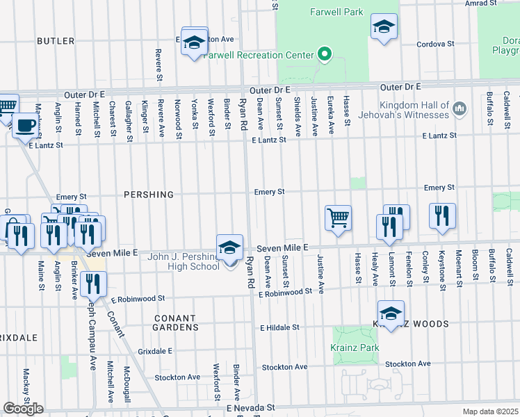 map of restaurants, bars, coffee shops, grocery stores, and more near 19225 Dean Avenue in Detroit