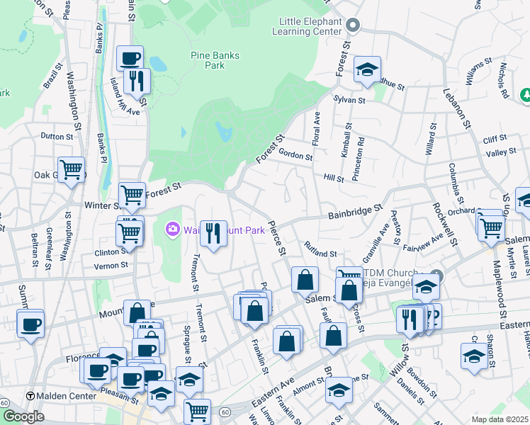 map of restaurants, bars, coffee shops, grocery stores, and more near 131 Pierce Street in Malden