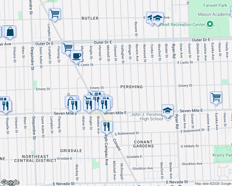 map of restaurants, bars, coffee shops, grocery stores, and more near 19239 Charest Street in Detroit