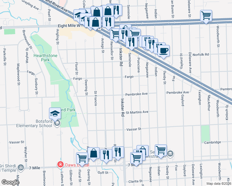 map of restaurants, bars, coffee shops, grocery stores, and more near 19910 Rensellor Street in Livonia