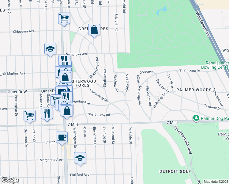 map of restaurants, bars, coffee shops, grocery stores, and more near 19385 Renfrew Road in Detroit