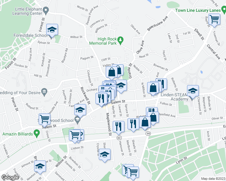 map of restaurants, bars, coffee shops, grocery stores, and more near 3 Laurel Street in Malden