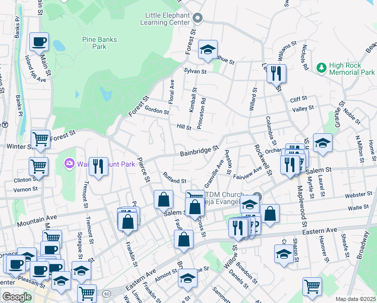 map of restaurants, bars, coffee shops, grocery stores, and more near 155 Bainbridge Street in Malden