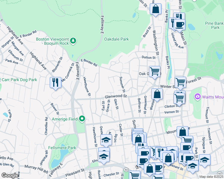 map of restaurants, bars, coffee shops, grocery stores, and more near 97 Glen Street in Malden