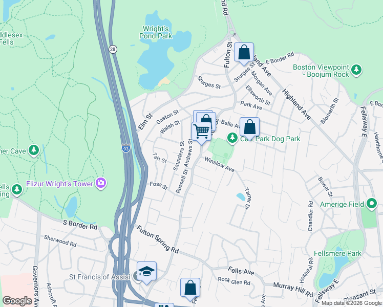 map of restaurants, bars, coffee shops, grocery stores, and more near 39 Andrews Street in Medford