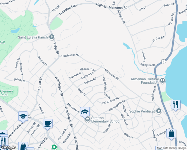 map of restaurants, bars, coffee shops, grocery stores, and more near 15 Oldham Road in Arlington