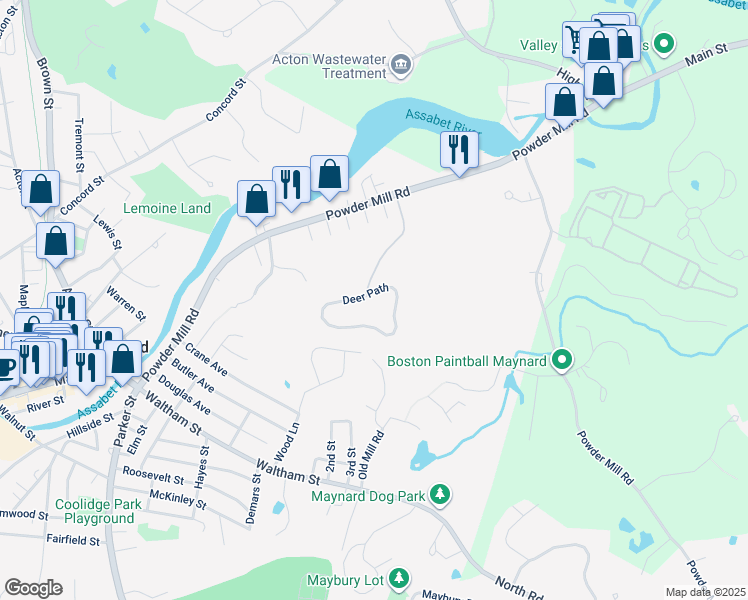map of restaurants, bars, coffee shops, grocery stores, and more near 24 Deer Path in Maynard