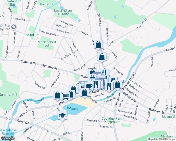 map of restaurants, bars, coffee shops, grocery stores, and more near 11 Brooks Street in Maynard