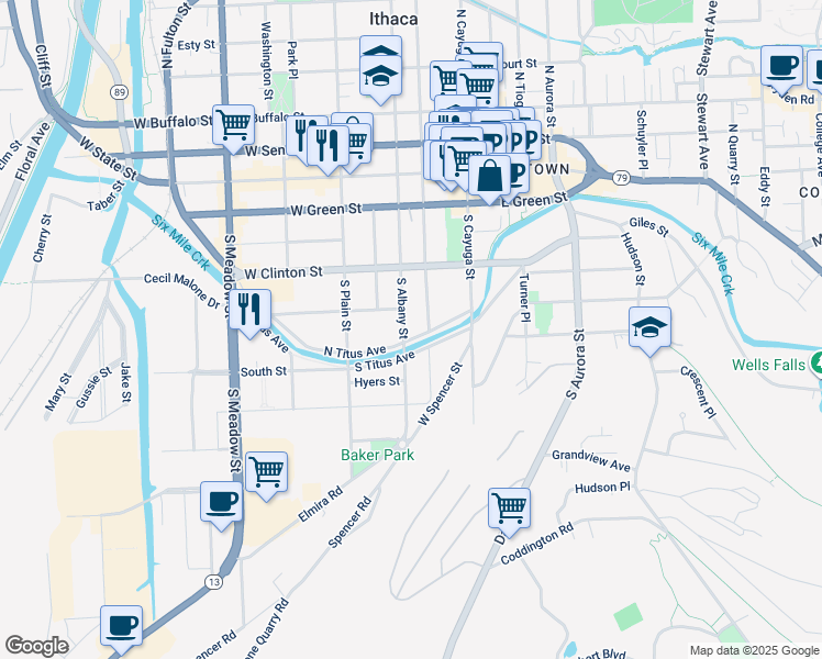 map of restaurants, bars, coffee shops, grocery stores, and more near 408 South Albany Street in Ithaca