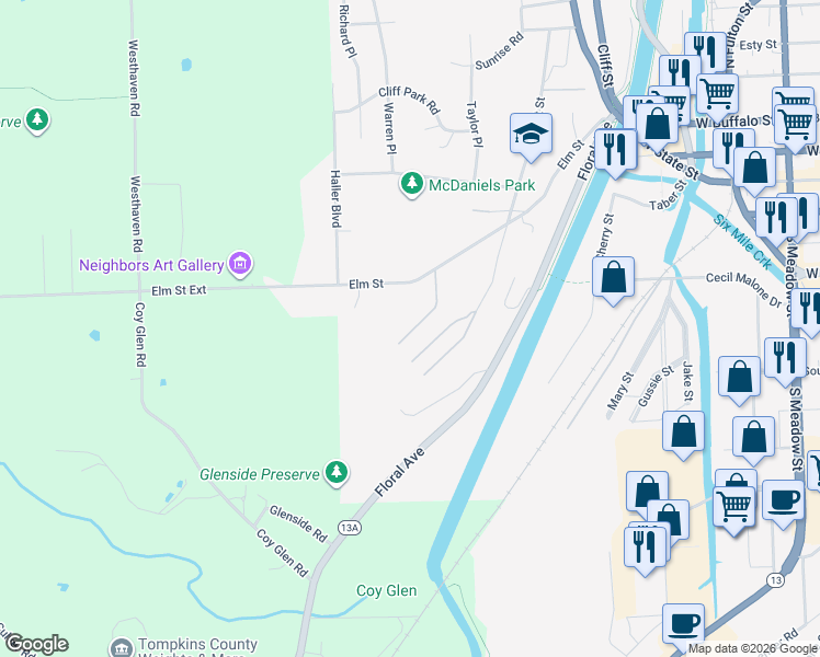 map of restaurants, bars, coffee shops, grocery stores, and more near 48 Abbott Lane in Ithaca
