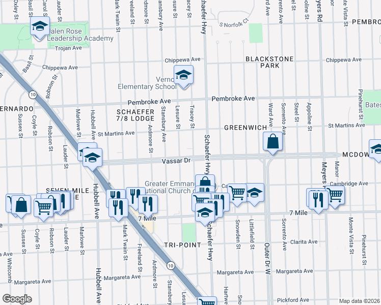 map of restaurants, bars, coffee shops, grocery stores, and more near 13740 Vassar Drive in Detroit
