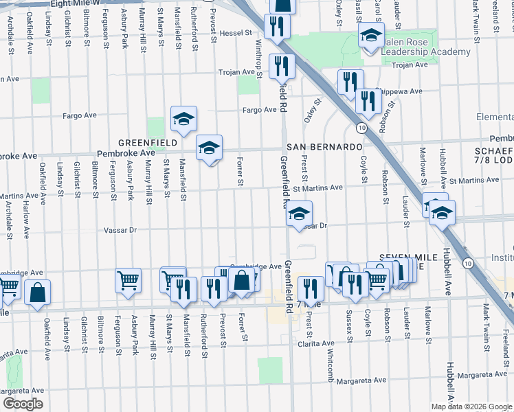 map of restaurants, bars, coffee shops, grocery stores, and more near 19464 Montrose Street in Detroit