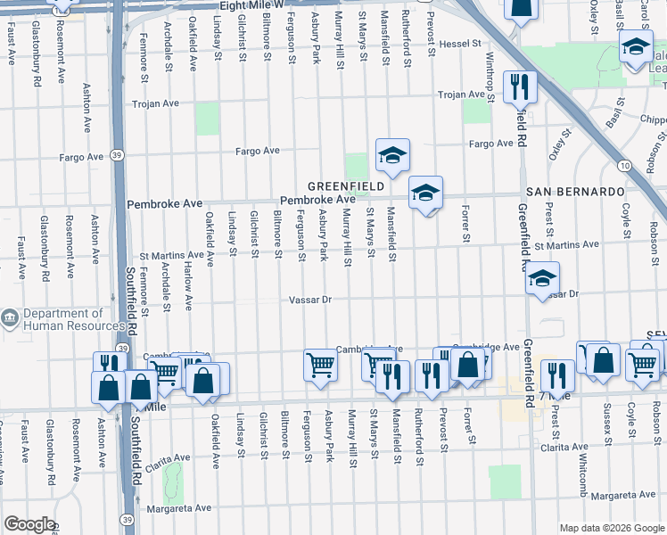 map of restaurants, bars, coffee shops, grocery stores, and more near 19474 Asbury Park in Detroit