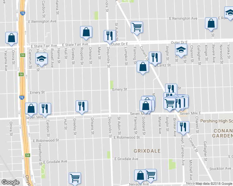 map of restaurants, bars, coffee shops, grocery stores, and more near 19249 Saint Aubin Street in Detroit