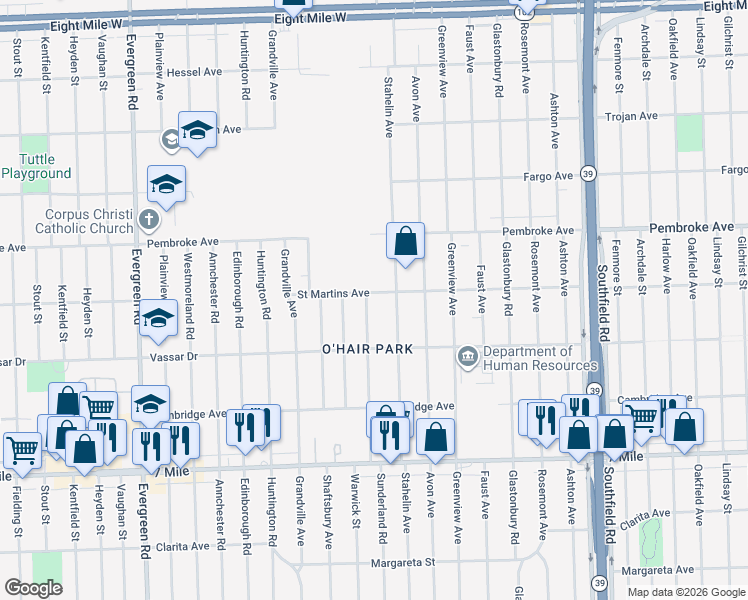 map of restaurants, bars, coffee shops, grocery stores, and more near 19506 Sunderland Road in Detroit