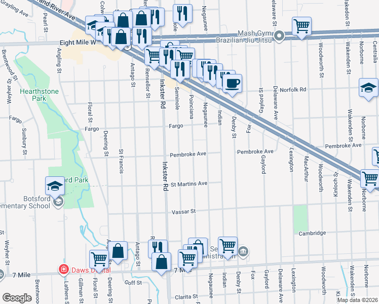 map of restaurants, bars, coffee shops, grocery stores, and more near 19907 Poinciana in Redford Charter Township