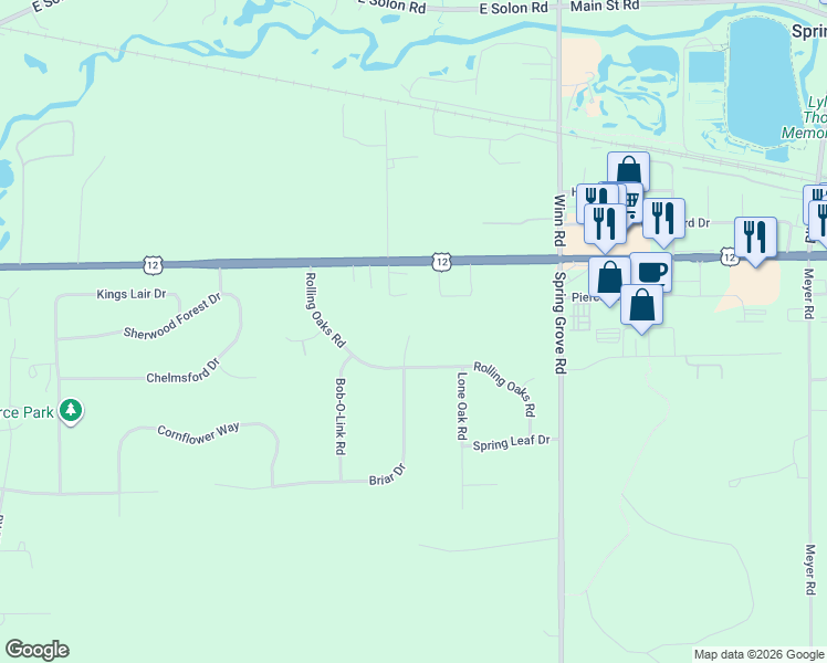 map of restaurants, bars, coffee shops, grocery stores, and more near 7410 Briar Court in Spring Grove