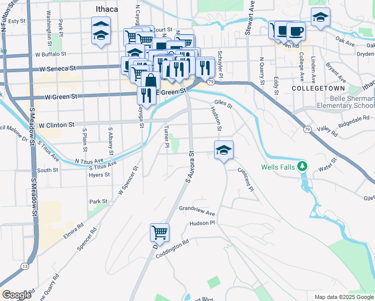 map of restaurants, bars, coffee shops, grocery stores, and more near 514 South Aurora Street in Ithaca