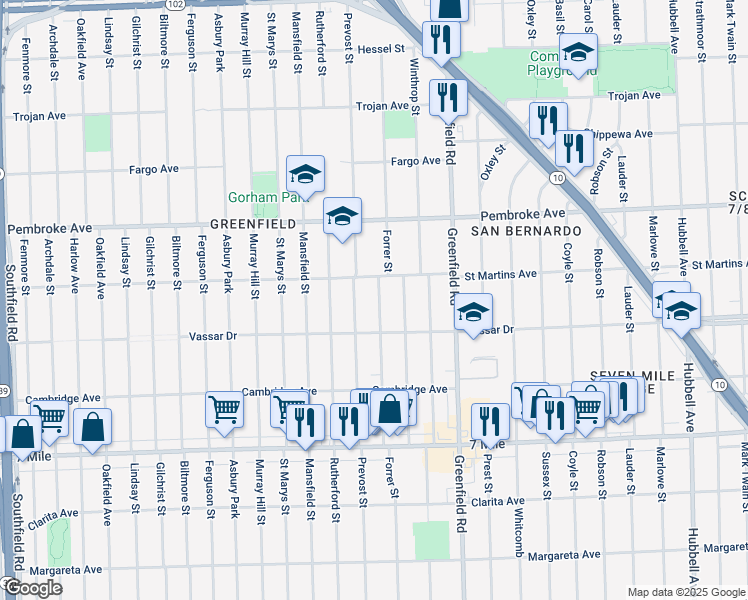 map of restaurants, bars, coffee shops, grocery stores, and more near 19471 Forrer St in Detroit
